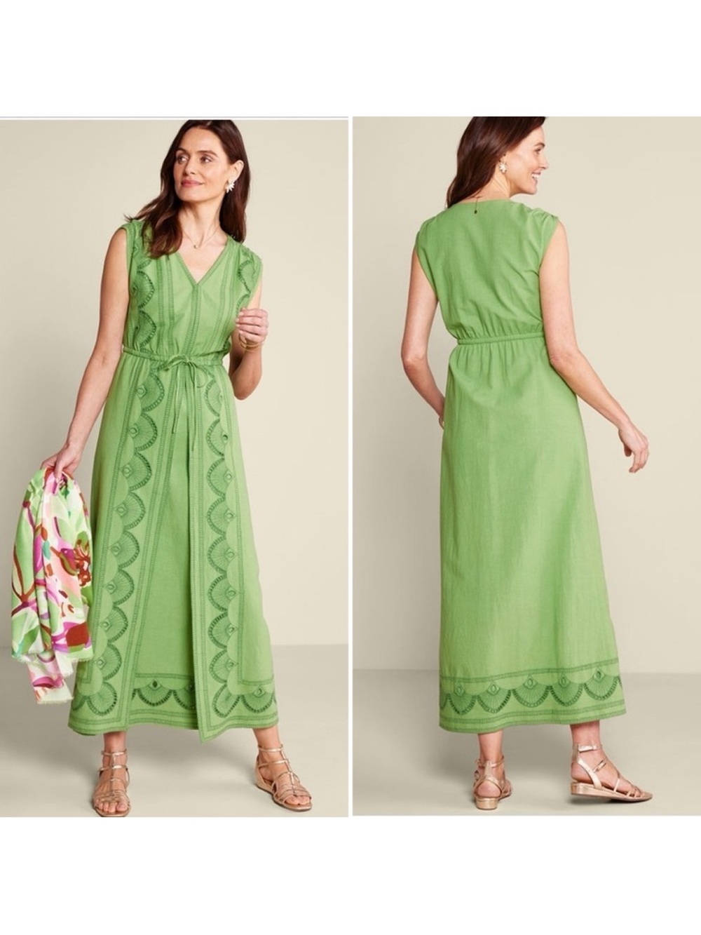 Soft Surroundings Ellison Linen Blend BOHO Maxi Dress in Green Size Large
